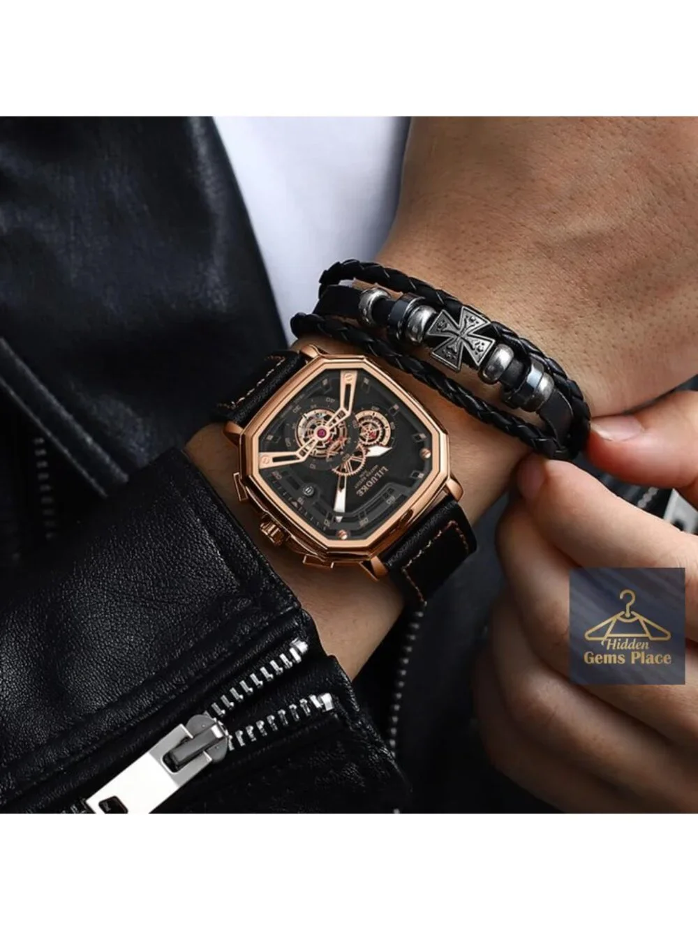 Men's Skeleton Quartz Watch, Luminous Big Face, Leather Strap, 30M Water